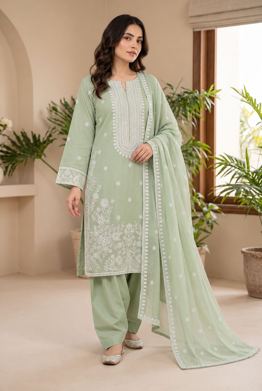 Mint Embroidered Three Piece