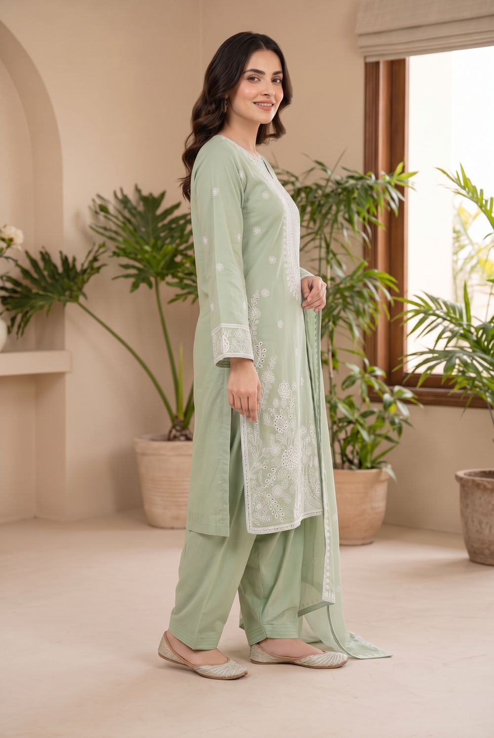 Mint Embroidered Three Piece