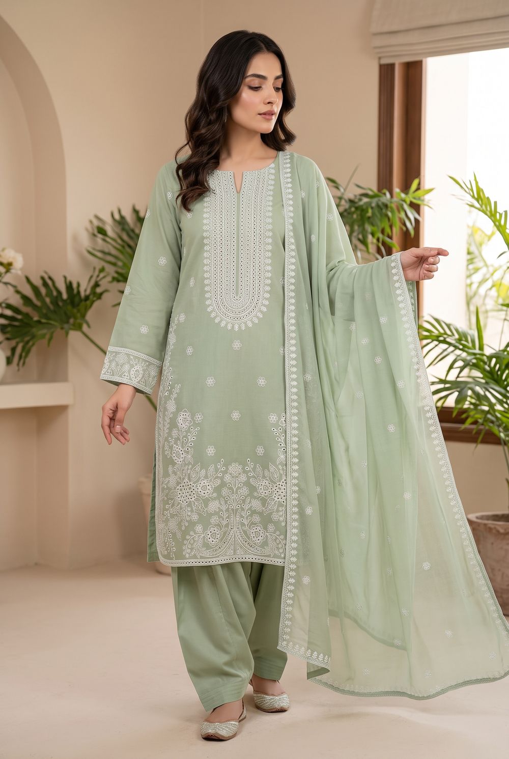 Mint Embroidered Three Piece