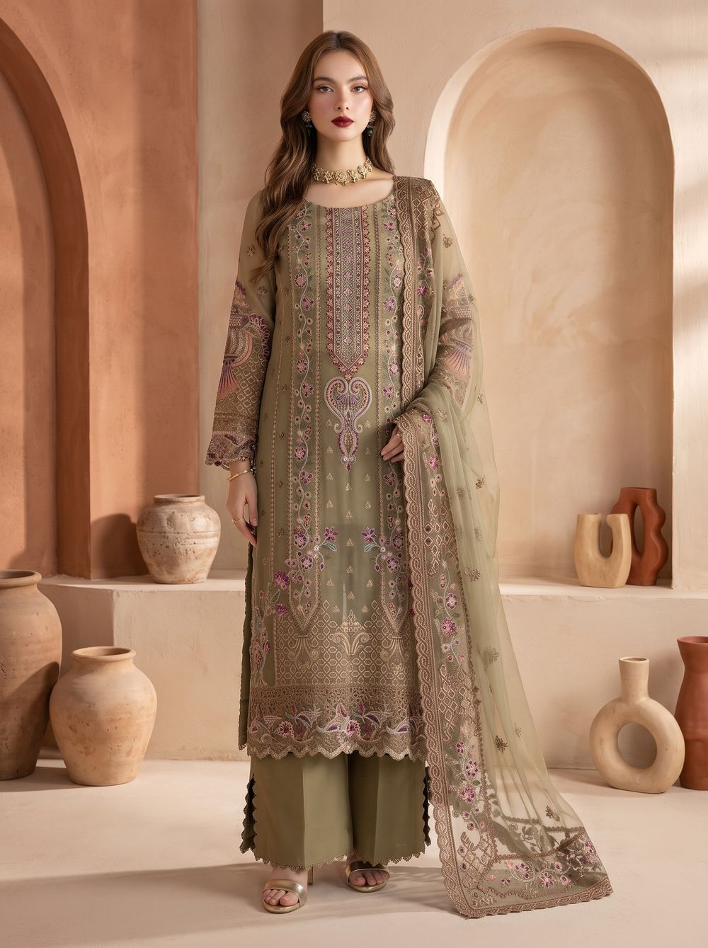 Olive Embroidered Unstitched Suit