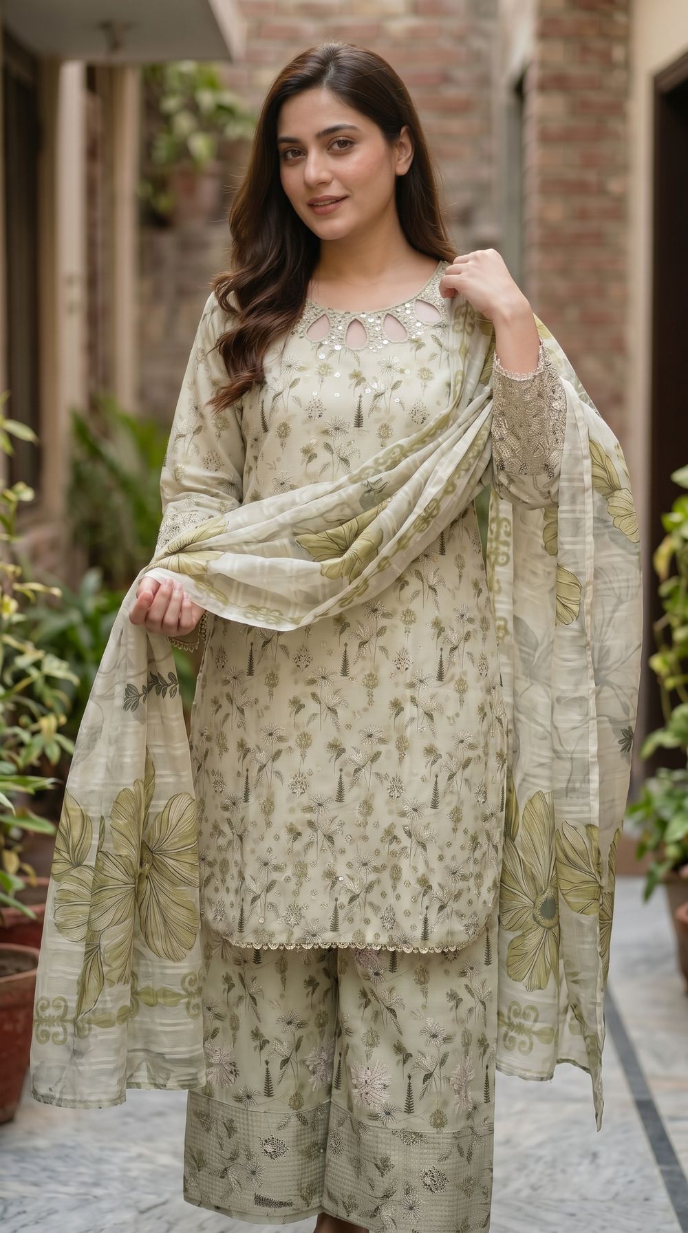 Sage Printed Three Piece