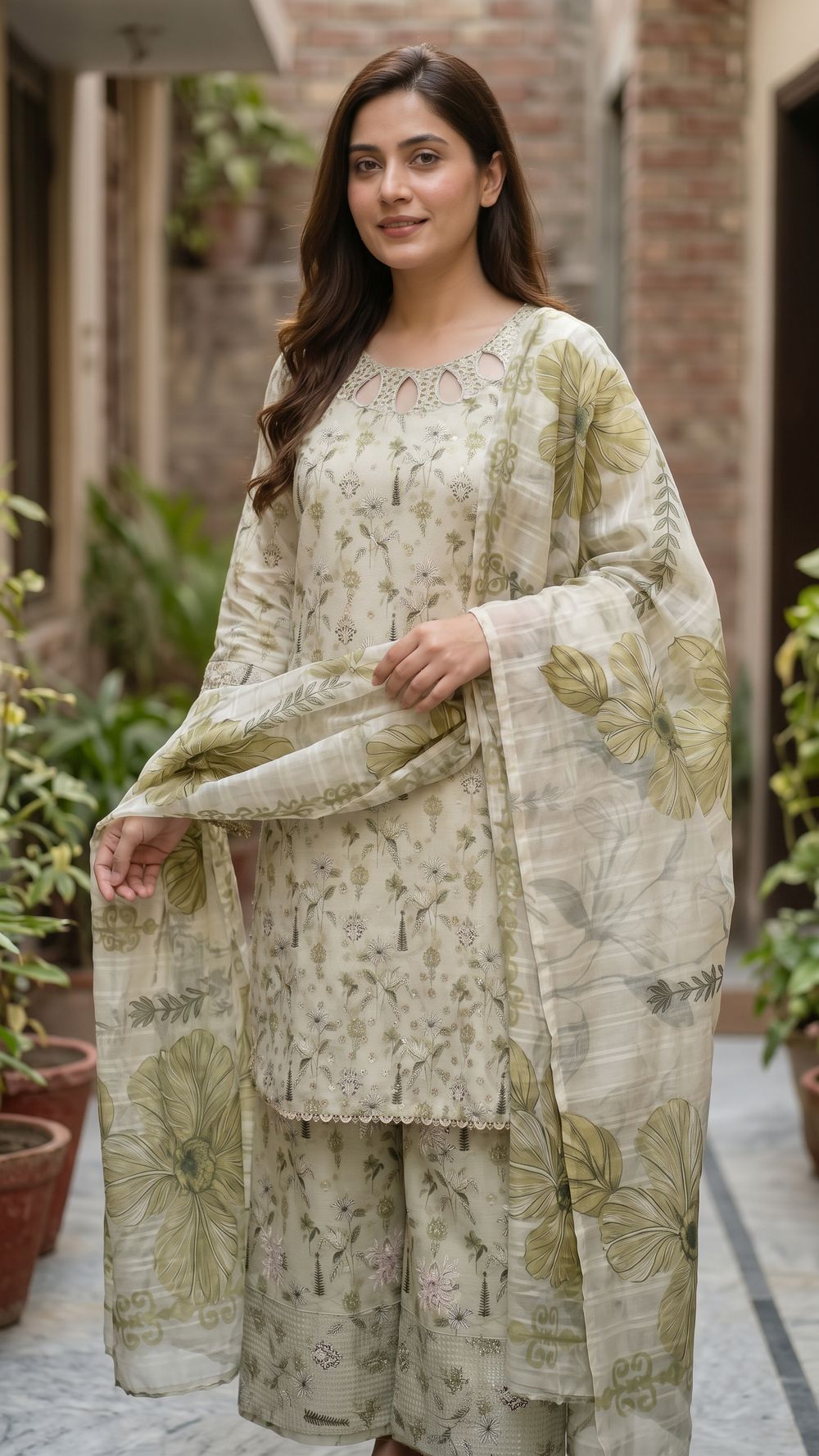 Sage Printed Three Piece