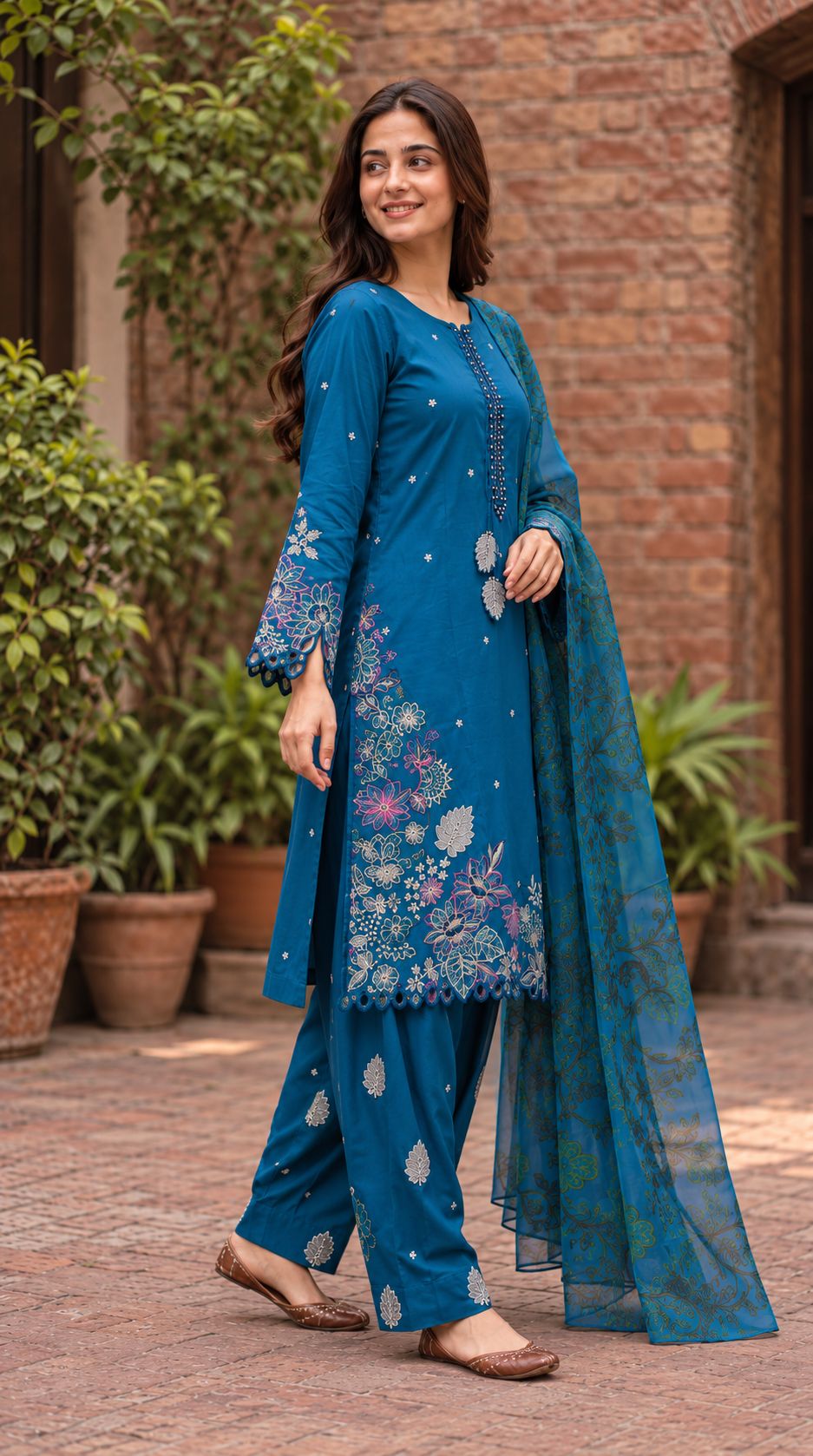 Teal Embroidered Three Piece