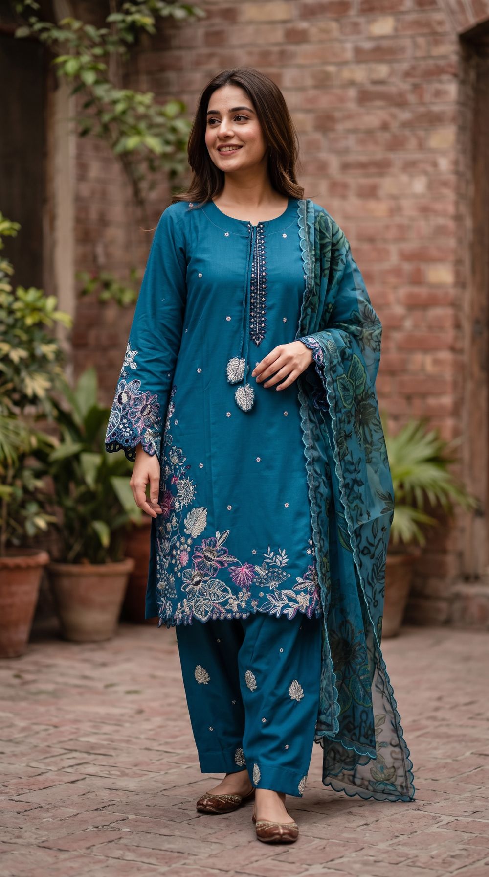 Teal Embroidered Three Piece
