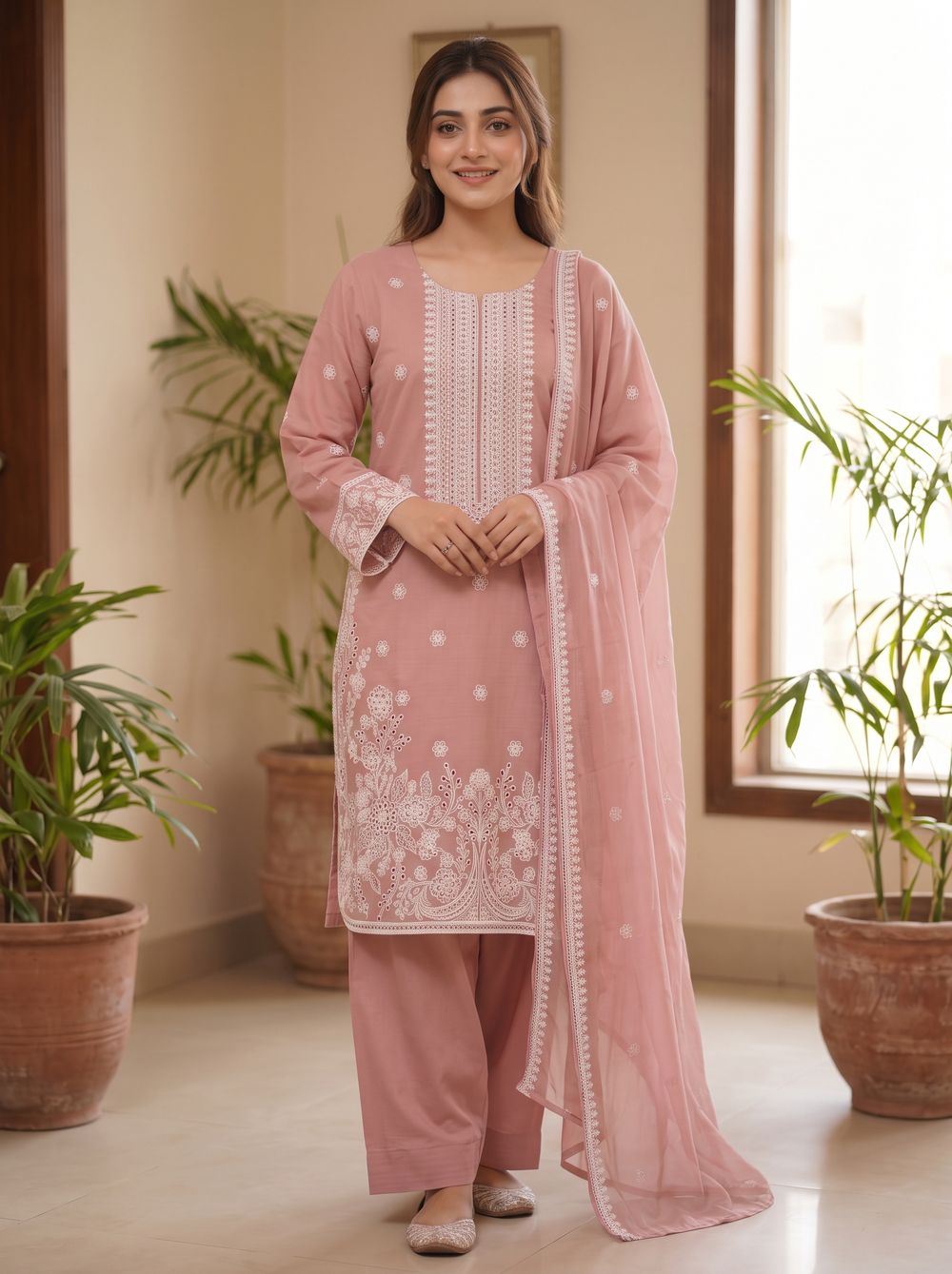 Rose Embroidered Three Piece