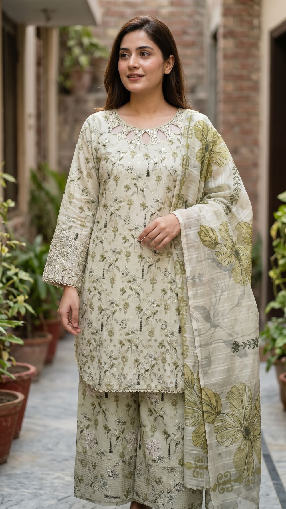 Sage Printed Three Piece