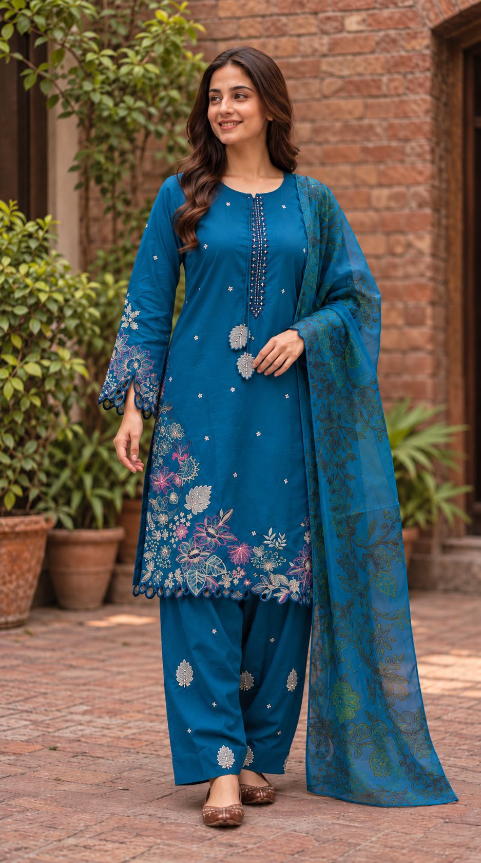 Teal Embroidered Three Piece
