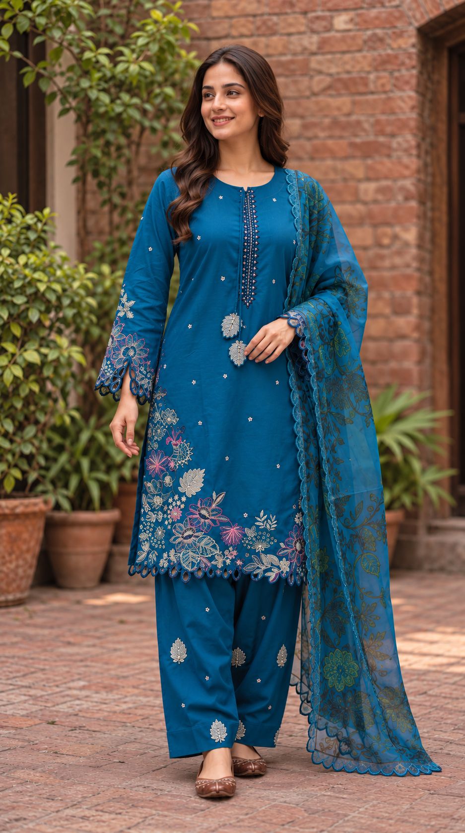 Teal Embroidered Three Piece